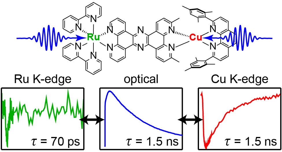 Graphical abstract depicting optical and X-ray transient absorption kinetics for copper/ruthenium complex