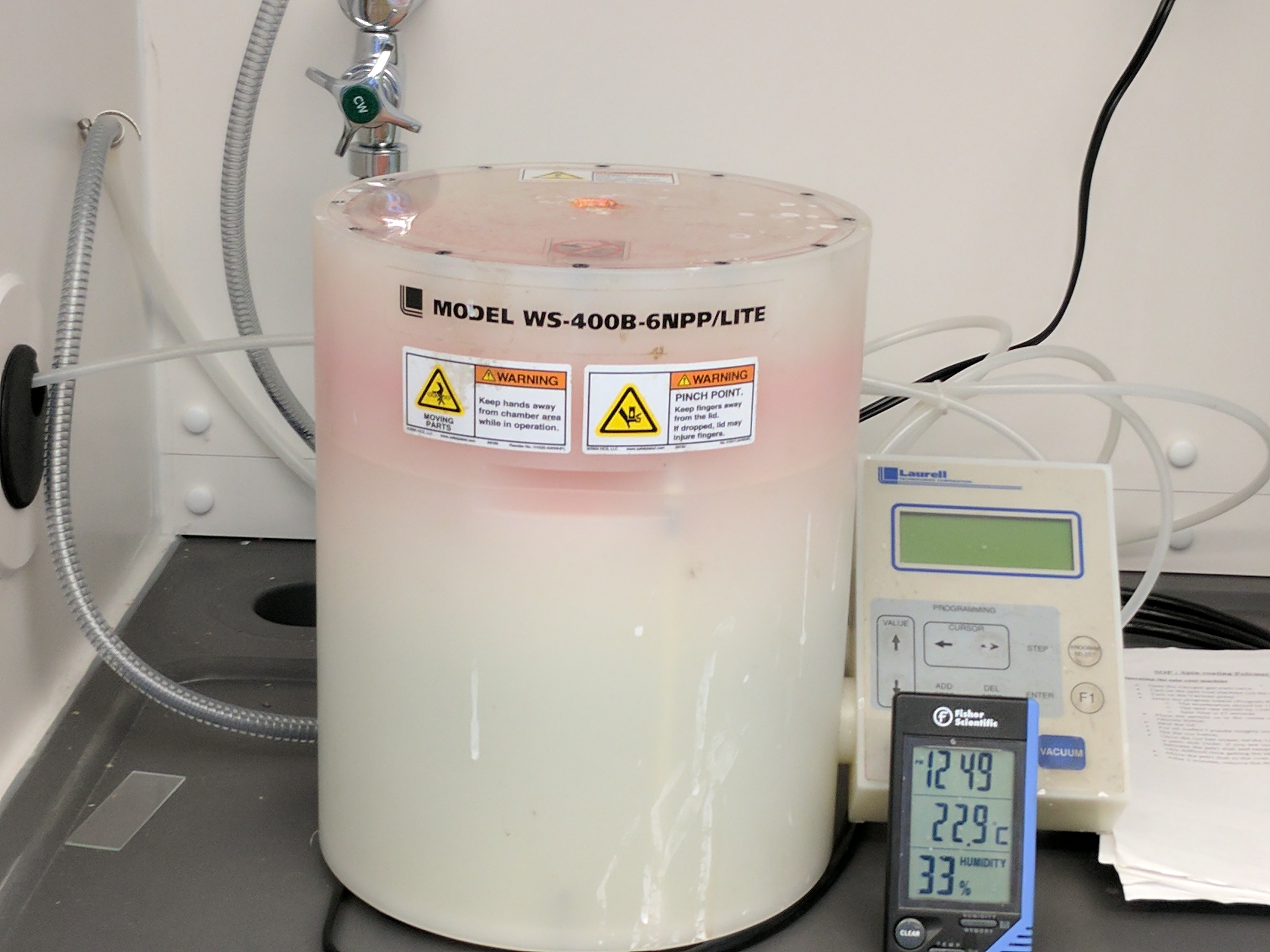 Laurell Technologies Spin-Coater: The spin-coater is used to form films of uniform thickness across a substrate surface. A solution of the substance to be coated is placed on the substrate and then the sample rotated at a high angular velocity. This drives the solvent off of the surface and the subsequent evaporation leaves behind a film of the solute.