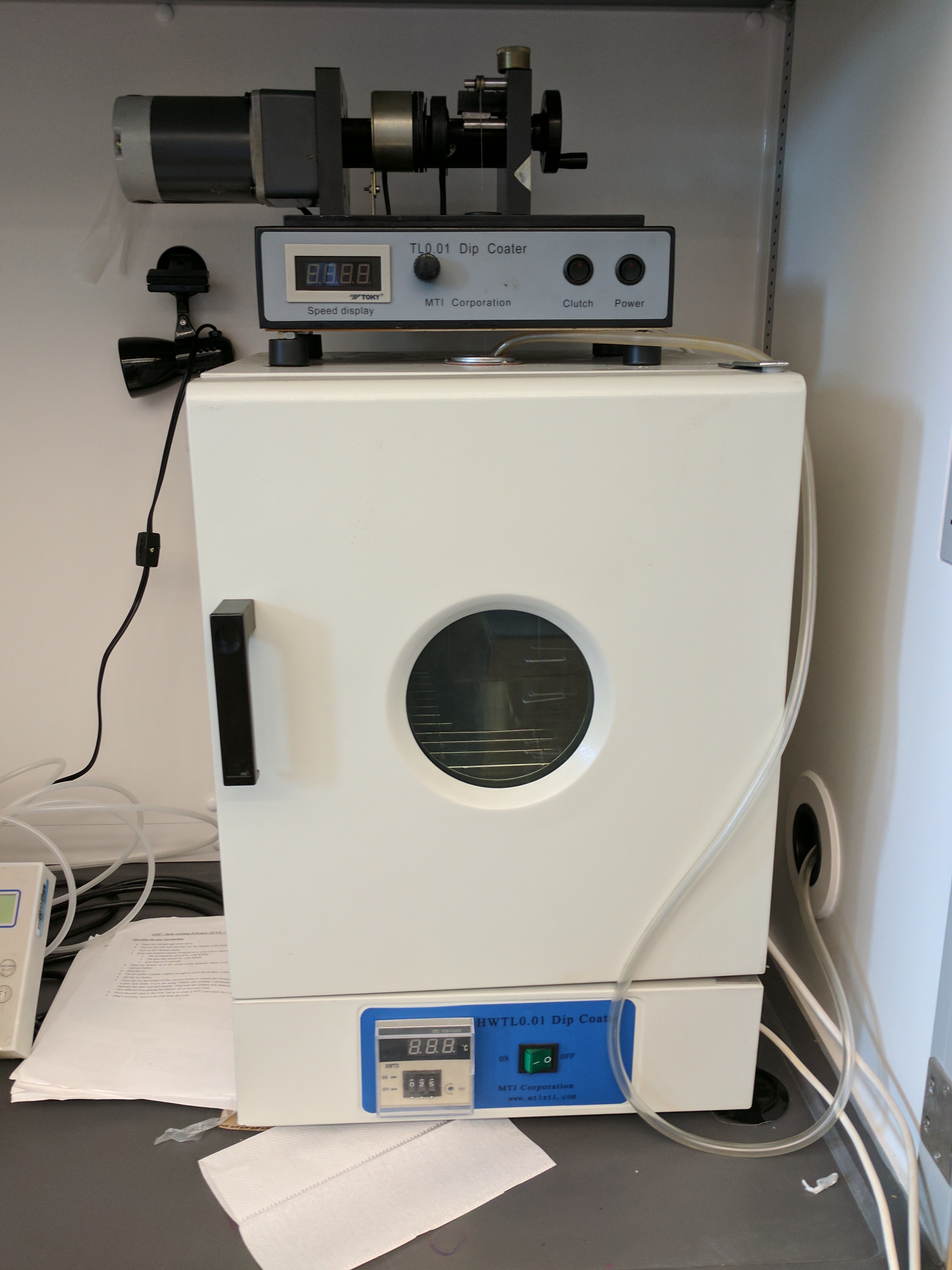 MTI Dip-Coater: The dip-coater is also used to form films of uniform thickness across a substrate surface. A solution of the substance to be coated is placed in a beaker and the substrate is dipped into the solution and slowly withdrawn. By changing the withdrawal speed the thickness of the coating can be well controlled. 