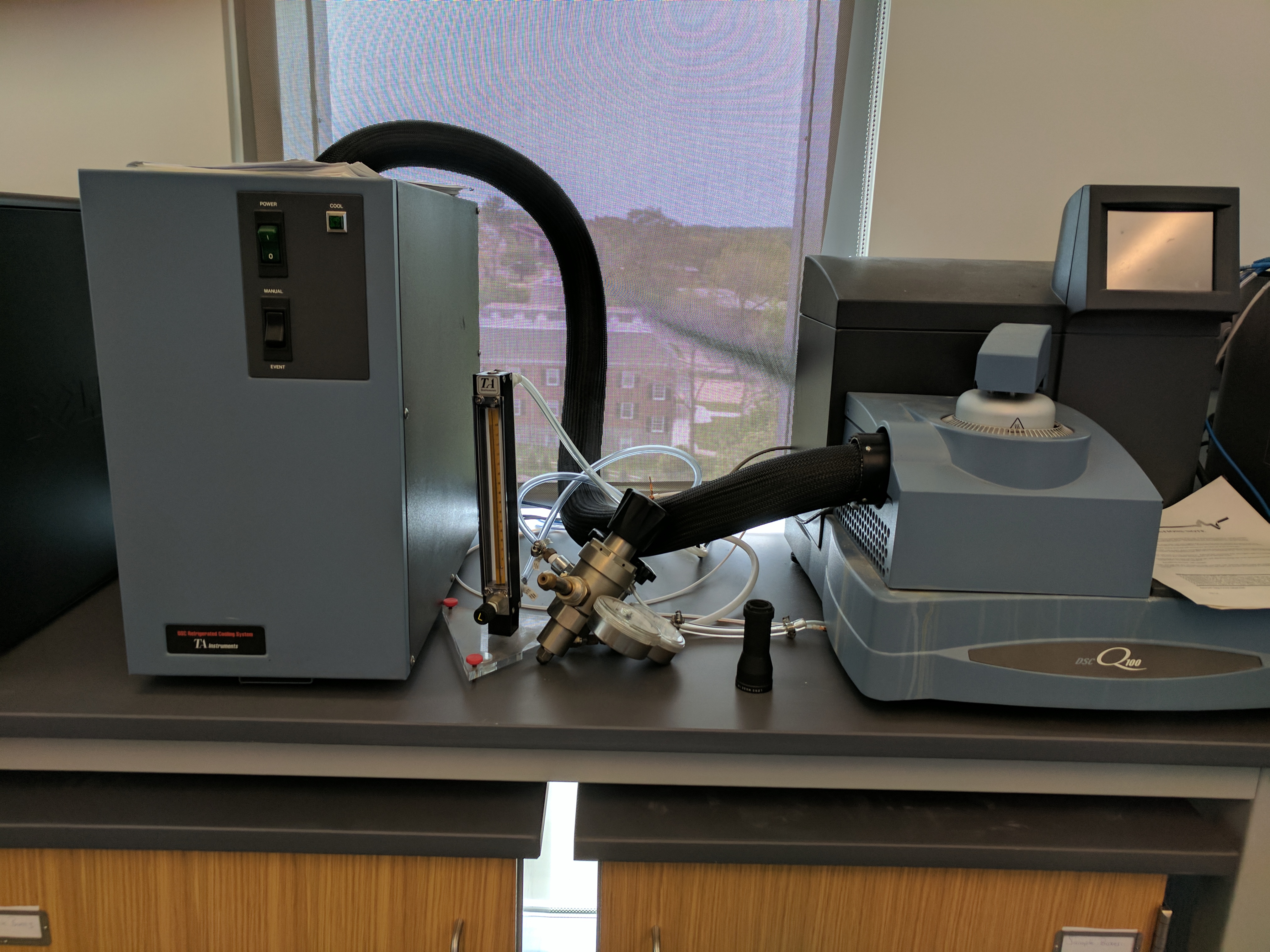 TA Instruments Q100 Differential Scanning Calorimeter: The DSC provides thermal analysis from about –100 °C to over 600 °C. The instrument also has modulation capability to help determine glass transition temperatures and other kinetic events.