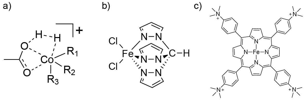 Figure 4. Catalysts for hydrogenation and reduction reactions; (a) proposed intermediate structure in the Co(triphos)-catalyzed reductive hydrogenation of carboxylic acids to alcohols; (b) structure of an iron scorpionate catalyst for the reductive hydrogenation of CO2; (c) structure of an iron porphyrin catalyst for the reduction of CO2 to CO and/or CH4. See https://doi.org/10.1126/science.aaa8938, https://doi.org/10.1039/C7GC01993A, https://doi.org/10.1021/jacs.8b09740, and https://doi.org/10.1073/pnas.1507063112 for more information about these systems. 
