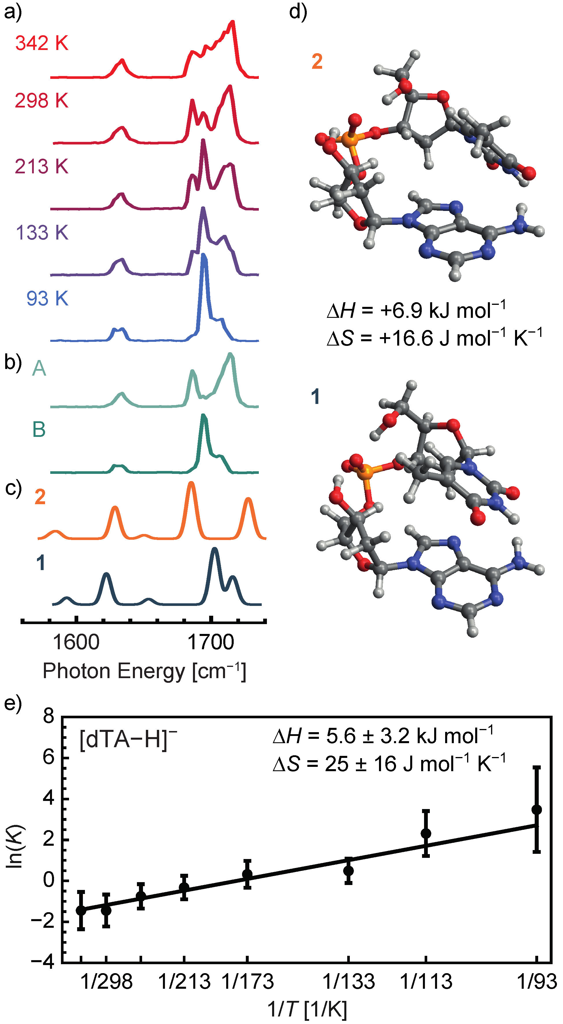 Figure 2. Helium nanodroplet infrared action spectroscopy of the dinucleotide anion [dTA−H]− for the experimental determination of conformational thermochemistry. Shown in (a) are IR spectra collected with varying ion temperature prior to pickup. Component spectra identified by non-negative matrix factorization (NMF) are shown in (b), and computed harmonic spectra of the low-energy structures (panel d) are shown in (c). A Van ‘t Hoff plot constructed from the population of each component at a given temperature is shown in (e). Adapted from https://doi.org/10.1039/D0CP02482A