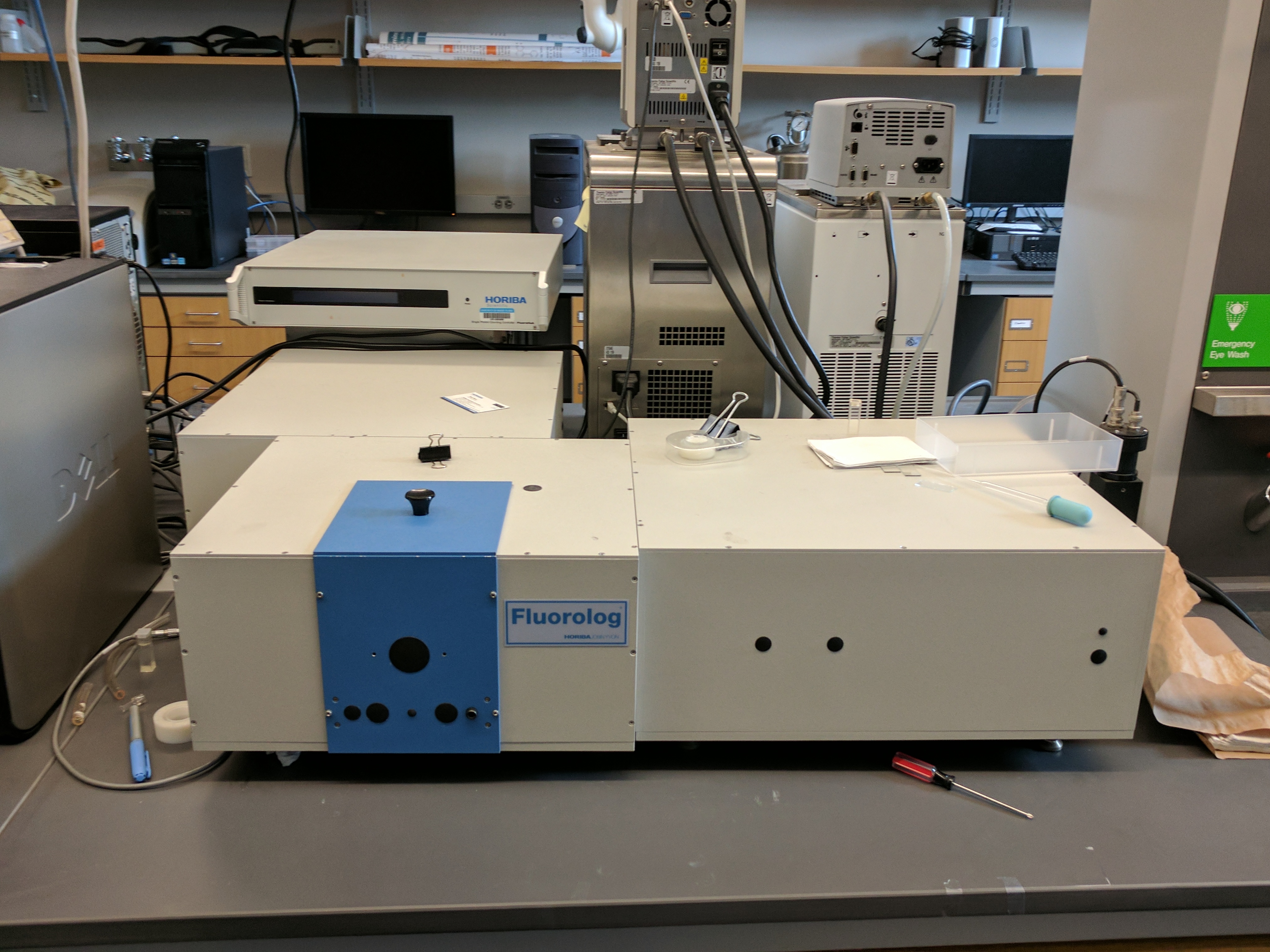 Horiba Fluorolog Spectrometer: The fluorescent instrument is our other workhorse. The spectrometer has a spectral range from 220 nm to 900 nm and spectral resolution of less than 0.5 nm. We use the instrument for both solutions and thin film characterization.